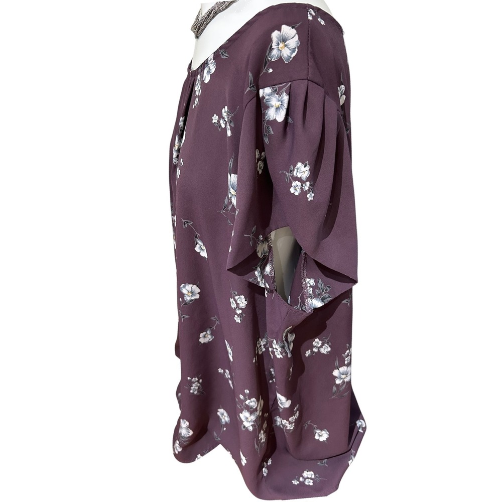 Papermoon Floral Blouse Top Maroon Short Sleeve Keyhole Back Pleated Front XXL - Picture 3 of 3